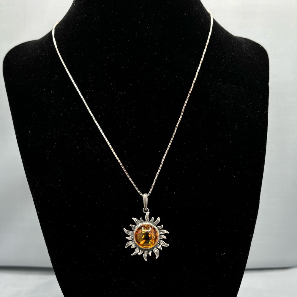 Amber Sun Pendant Necklace in Sterling Silver